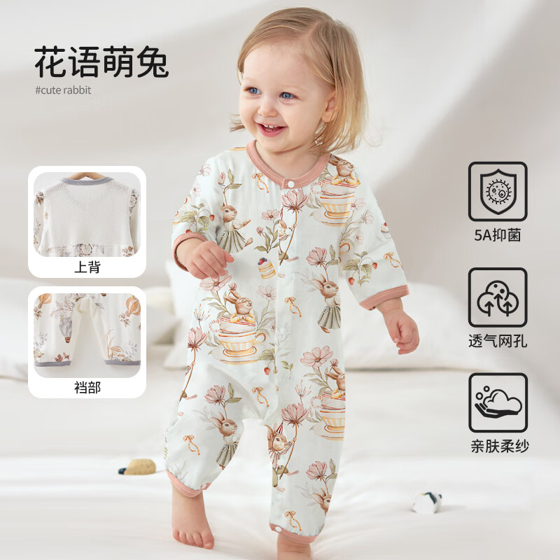 歐孕（OUYUN）嬰兒衣服夏季薄款空調(diào)服睡衣男女寶寶連體衣網(wǎng)眼竹棉哈衣爬服 花語(yǔ)萌兔【半背網(wǎng)孔 竹棉針織】 80cm 【建議身高79-84cm】
