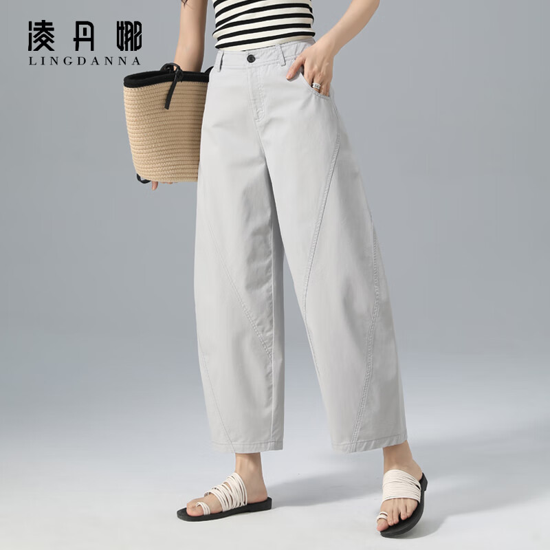 凌丹娜九分阔腿休闲裤女夏装2025新款高腰宽松直筒裤显瘦百搭阔腿裤子 浅灰色 33