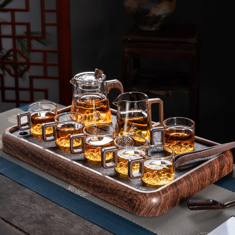 胖东来同款德国进口品质观山玻璃茶具套装茶壶盘耐热泡茶壶公道杯 茶盘套透明木柄观山壶+公 9件