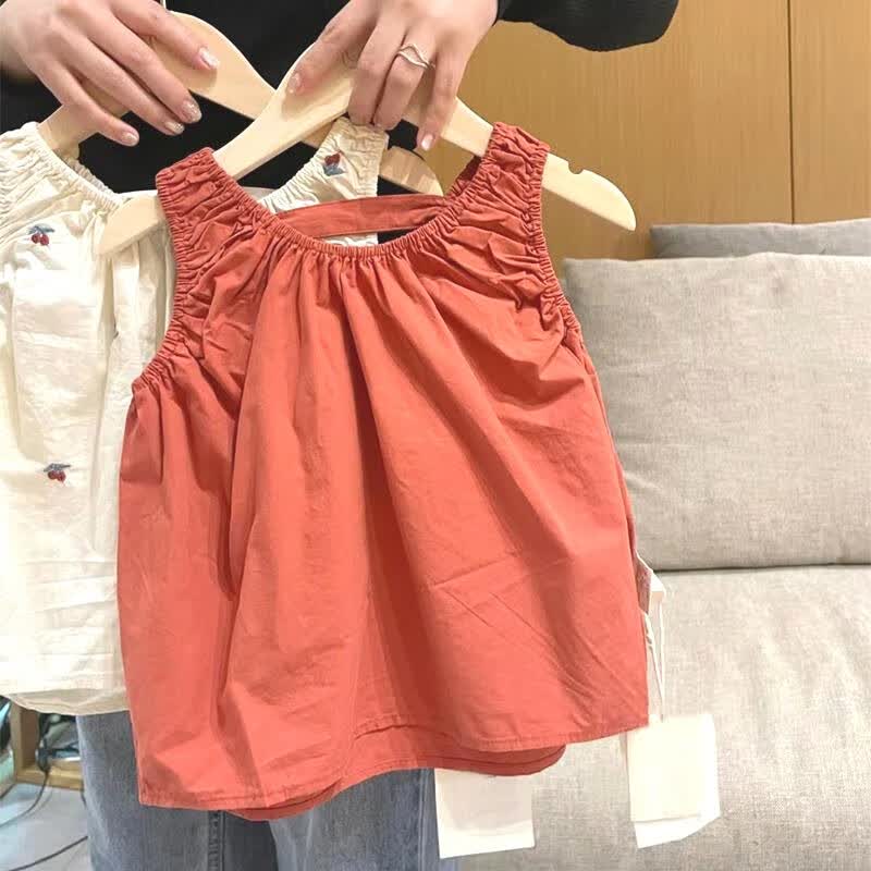 潮梦城女童背心外穿夏2025新款女宝宝夏装时尚洋气绣花吊带儿童无袖上衣 橘红背心 80 码