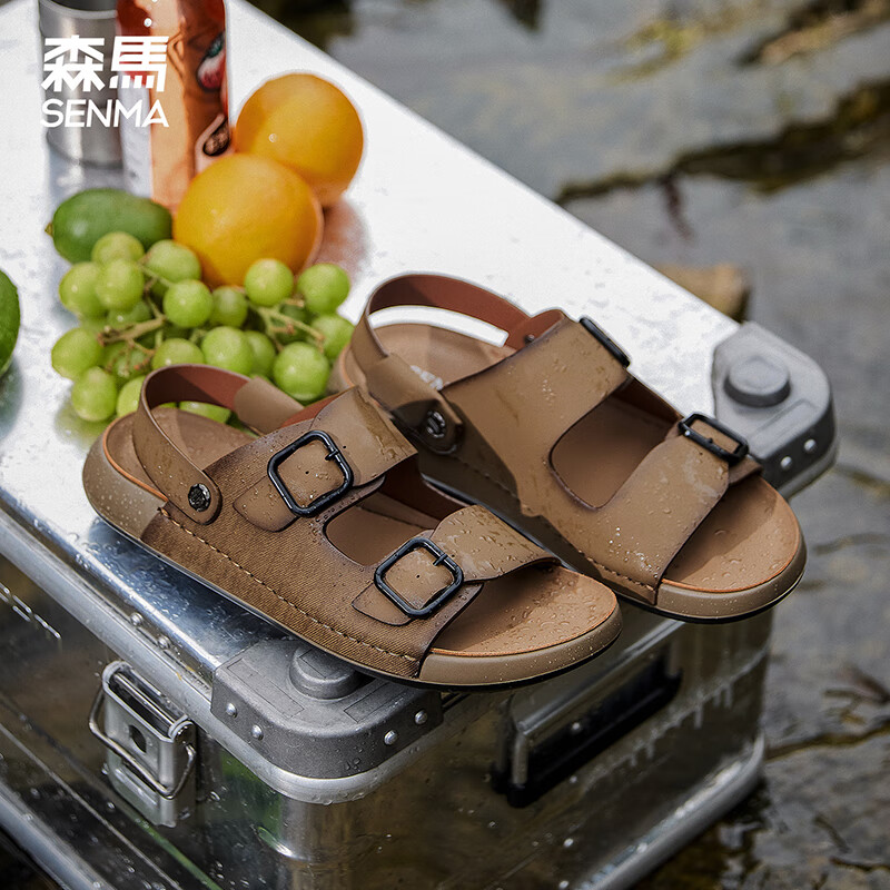 森馬沙滩鞋男款夏季外穿司机开车透气防滑耐磨男士运动休闲凉鞋男 卡其色 38