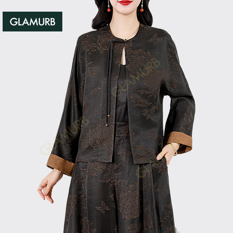戈蘭博（BG GLAMURB）高端奢品牌香云紗真絲上衣女新款桑蠶絲開衫外套中老年皮草女裝 黑咖 L