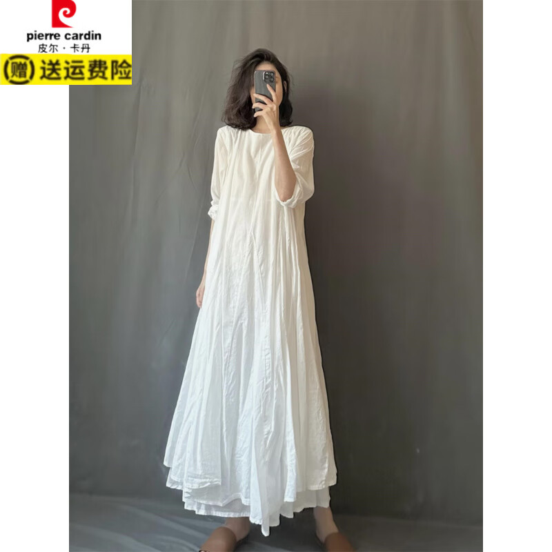 皮尔卡丹(pierre cardin)黑白圆领套头长袖长款连衣裙宽松森系薄棉长裙2026新款春夏长袍子 黑色长裙 均码 【建议90-165斤】
