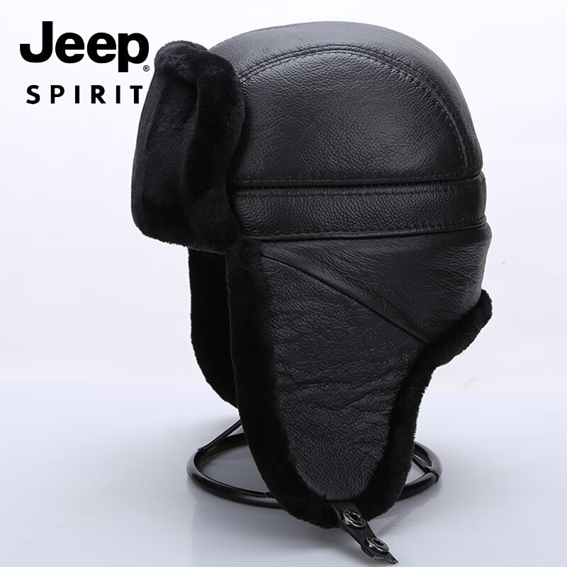 吉普(JEEP)冬季头层牛皮雷锋帽保暖护耳真皮帽子男士中老年人加厚东北老人帽 棕色真羊毛 58-59cm