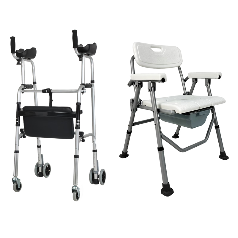 HOEA德國助行器老人助力行走器骨折助步器偏癱康復(fù)訓(xùn)練輔助器防摔推車 2輪助行器帶皮坐板+可折疊洗澡坐便椅帶便盆-06