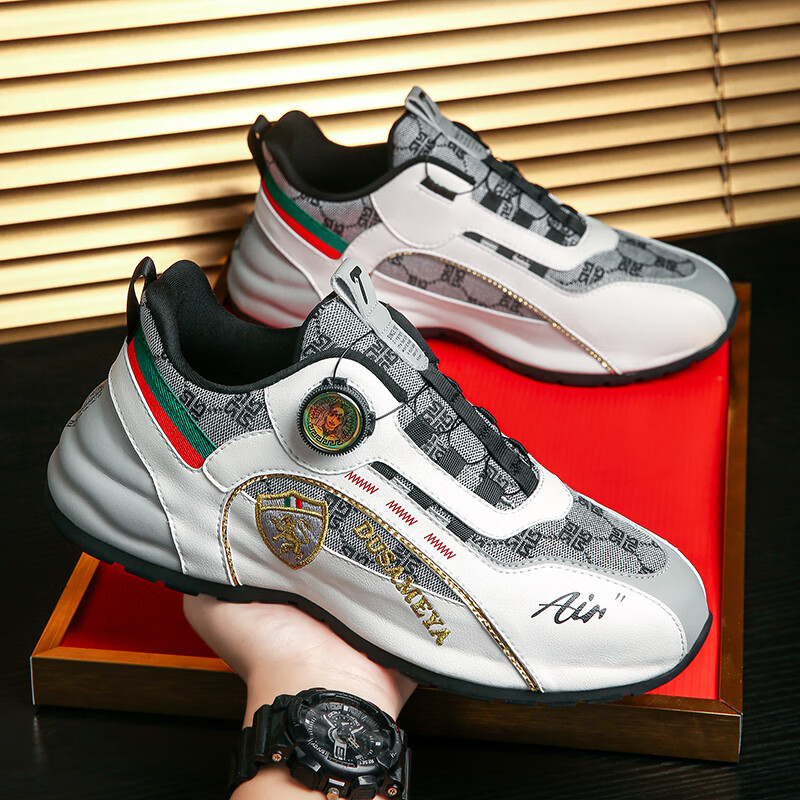 杜莎米娅春季透气运动鞋高端轻奢专柜同款男鞋减震纽扣鞋厚底增高休闲鞋 白灰 4.5cm内增高纽扣鞋 45