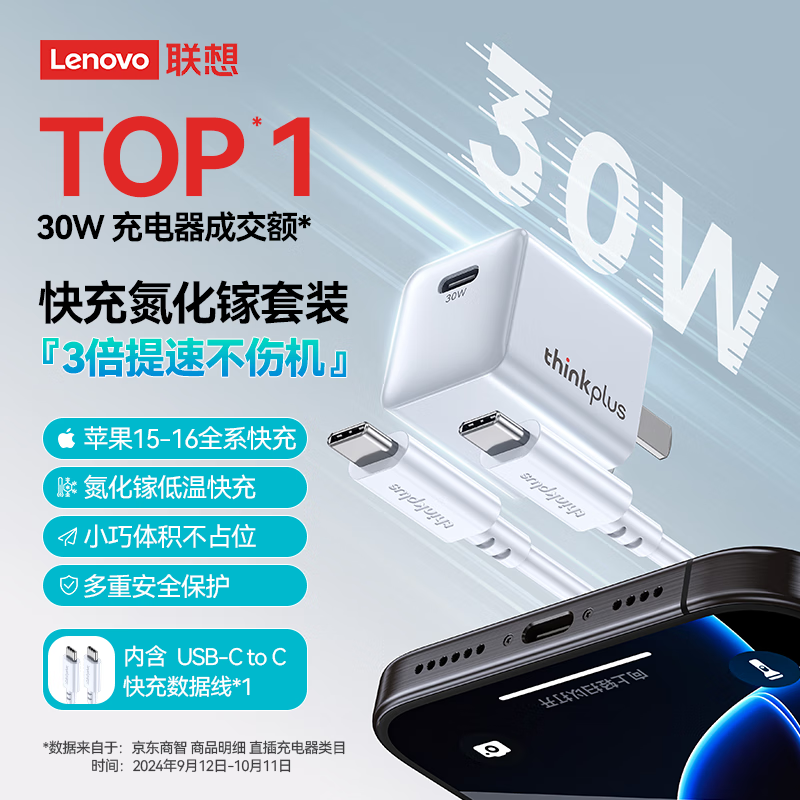 ThinkPlus联想苹果氮化镓充电器iphone16快充电头套装PD30/20W适用苹果16ProMax/15/14/13手机数据线1米 白