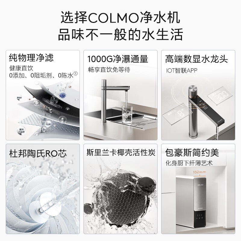 COLMO北极星净水器C1家用 1000G通量政府补贴 厨下直饮净饮机0阻垢剂双芯五级过滤5年长效RO