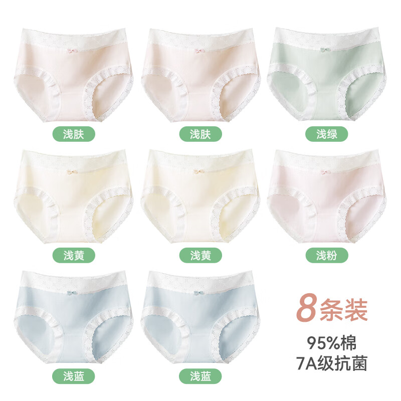 茵可可女士蕾丝内裤抗菌无痕透气聚乳酸可爱棉大码宽松三角裤女 【8条】2浅肤+2浅黄+2浅蓝+浅绿+浅粉(抑菌独立包装) L 【80-120斤】