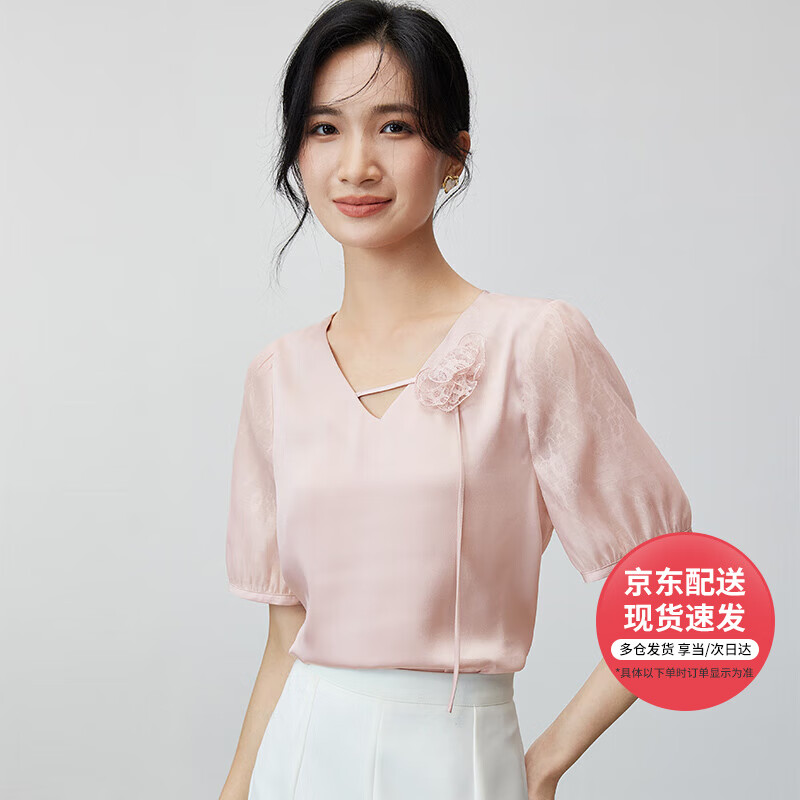 凡琴溫柔緞感雪紡女襯衫夏蕾絲短袖高級感通勤 442V72857 粉色  XL 