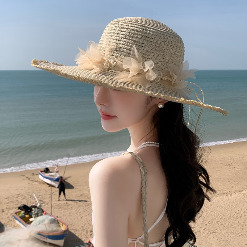 蒲恋2025夏季新款帽子女遮阳防晒帽夏天户外草帽太阳帽蕾丝花朵沙滩帽 MZ2538米色