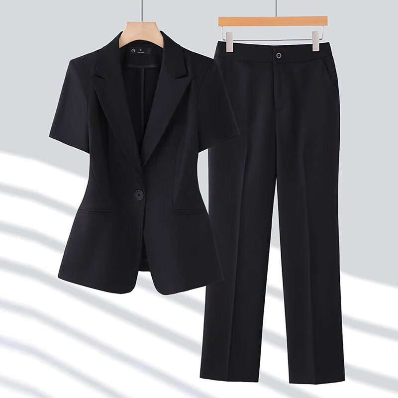 短袖西裝套裝女夏季薄款高端珠寶店工作服前臺(tái)接待酒店經(jīng)理職業(yè)裝 黑色外套+西褲 2XL
