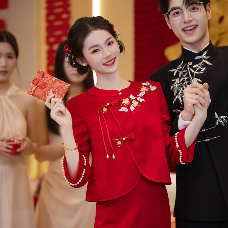 泰勒馬丁秀禾服新娘2025新款新中式結婚禮服敬酒服古裝旗袍嫁衣出閣服 S2505(僅女裝) XL