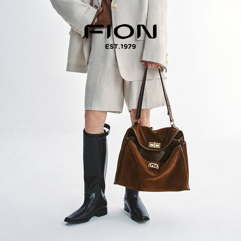 菲安妮(FION)2025新款女包双锁扣高级感托特包单肩包斜挎包圣诞礼物 反绒牛皮复古棕-中款