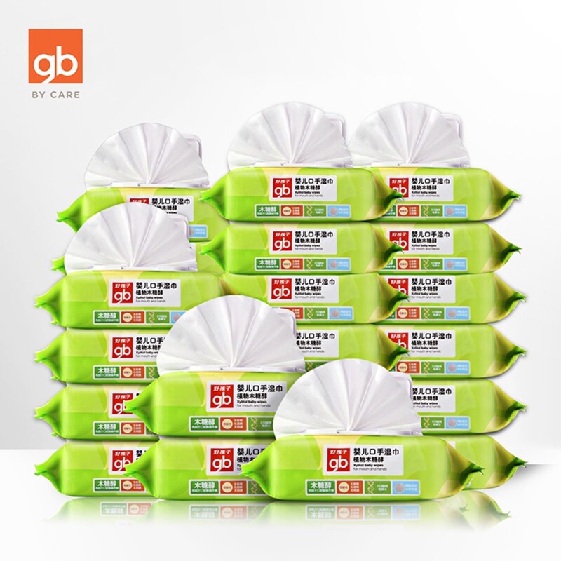 gb好孩子婴儿湿巾宝宝手口湿巾植物木糖醇80片*24包带盖整箱