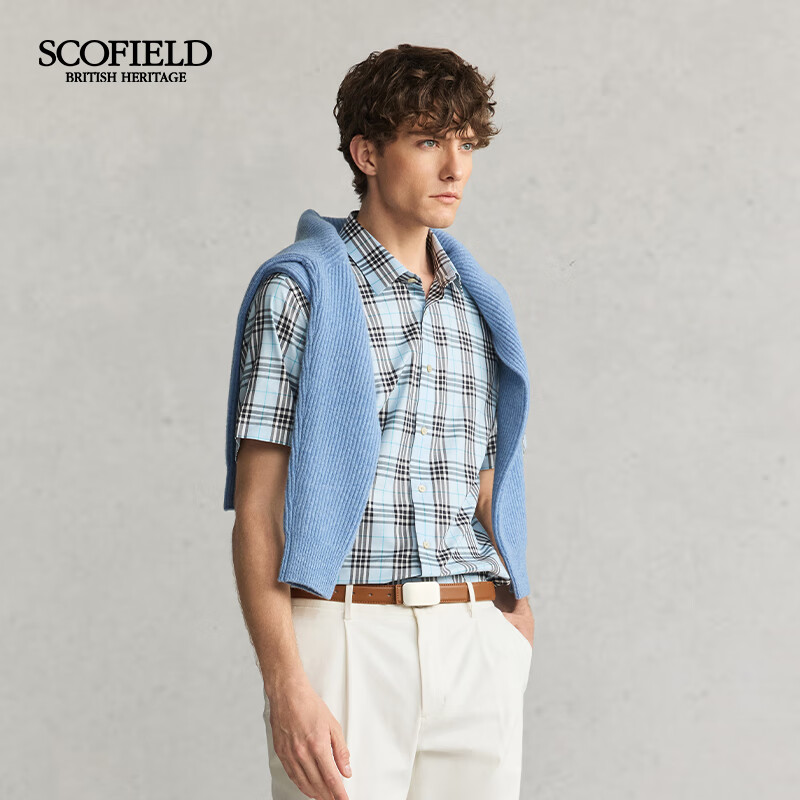 Scofield男士25夏季新品舒适棉质时尚休闲通勤经典格纹短袖衬衫 蓝色 L (175)