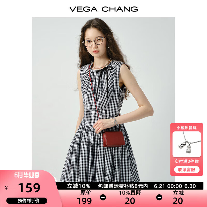 VEGA CHANG无袖格纹连衣裙女2025新款夏甜美风蝴蝶结系带连衣短裙 黑白格纹 M