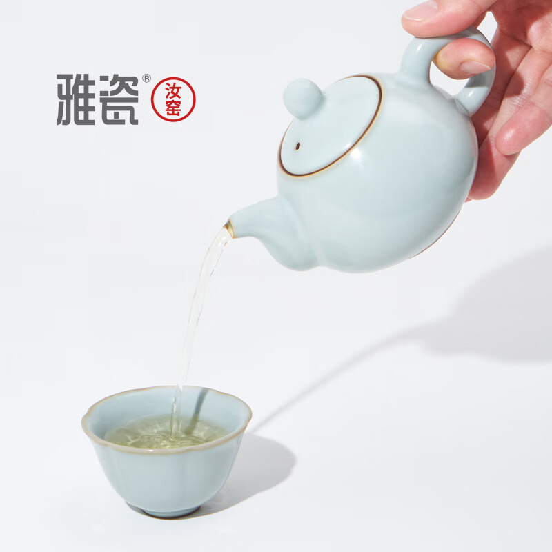 雅瓷汝窑茶具套装一壶两杯陶瓷家用泡茶壶茶杯整套带茶台礼盒装水平壶 汝窑水平壶小套装