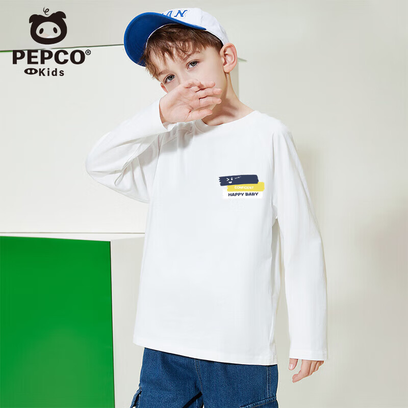 小猪班纳儿童长袖t恤男女童春秋款2025新款小男女孩上衣纯棉圆领打底衫 白J17快乐宝贝K 140 （建议身高130-140CM）