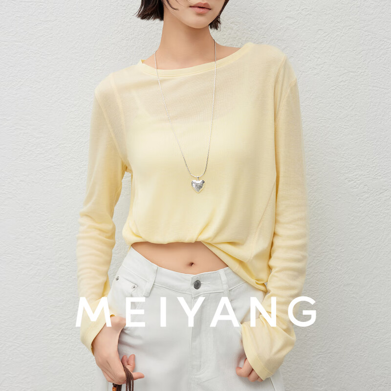 美洋（MEIYANG）轻漾T恤 莱赛尔桑蚕丝混纺_水面膜圆领长袖上衣 黄色 L