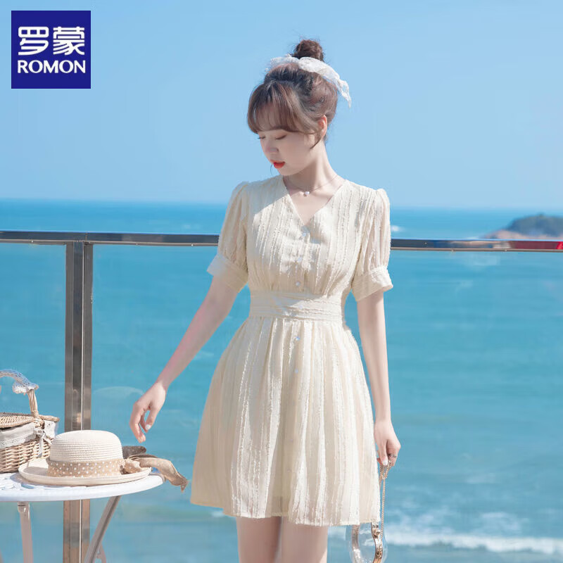 罗蒙（ROMON）法式连衣裙女小个子2025年新款夏款女装裙子设计感小众通勤A字裙 杏色 短款 2XL 120-130斤