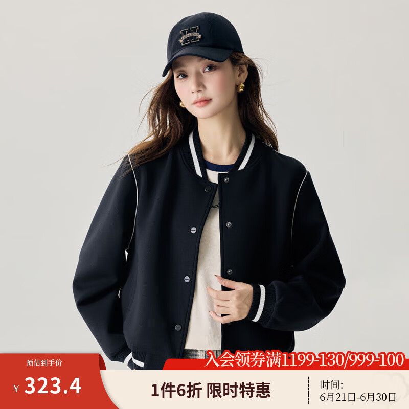 茵曼（INMAN）時(shí)尚撞色學(xué)院風(fēng)棒球服女2025春秋季百搭復(fù)古寬松休閑外套 寶藍(lán)色 L