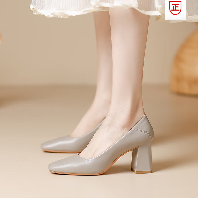 百麗踏系列品牌斷碼2025年春季新款奶奶鞋女真皮方頭軟皮高跟鞋職業(yè)工作 灰色 【內(nèi)外真皮】 37