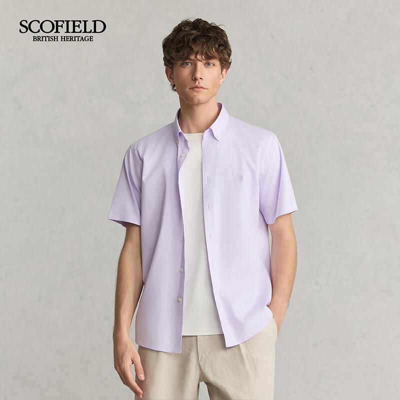 Scofield男士25年夏季新款纯棉商务休闲短袖时尚百搭通勤纯色衬衫 浅紫色 常规 L (175) 京东折扣/优惠券