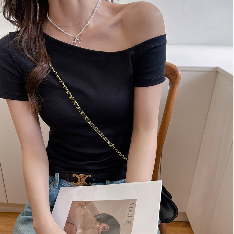 莫代尔辣妹一字领露斜肩短袖t恤女内搭修身显瘦打底弹力上衣T恤衫 黑色 M (适合体重95-115斤