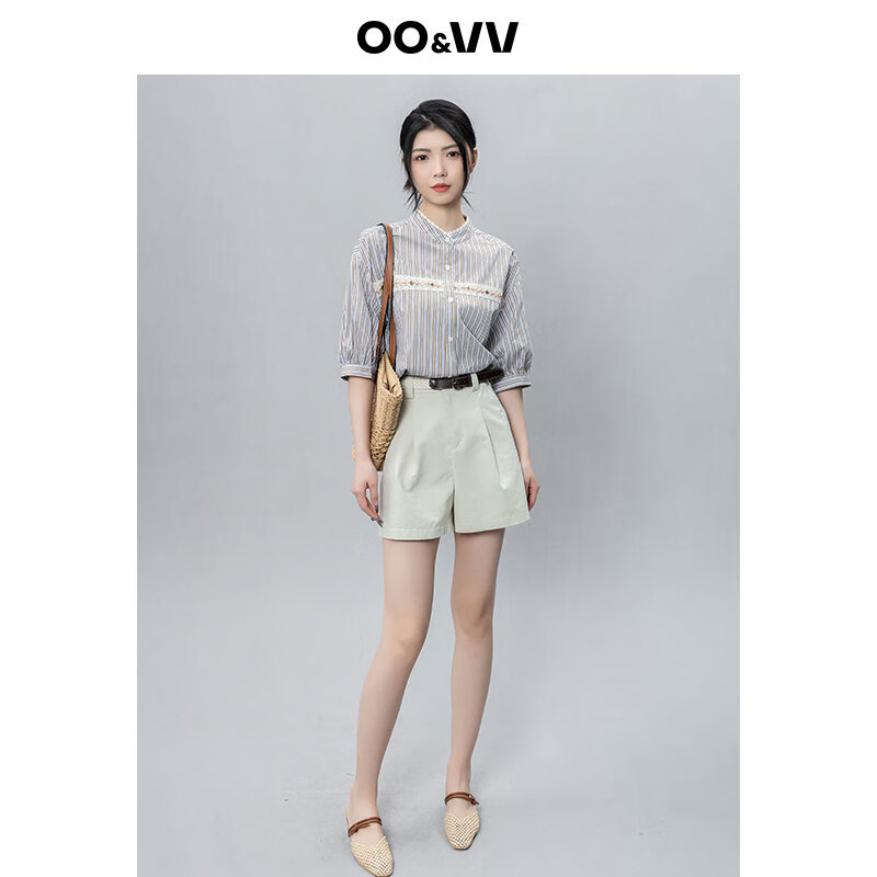 OO&VV纯棉休闲短裤女2025夏新款阔腿宽松配腰带薄款显高显瘦女裤 杏仁米 S