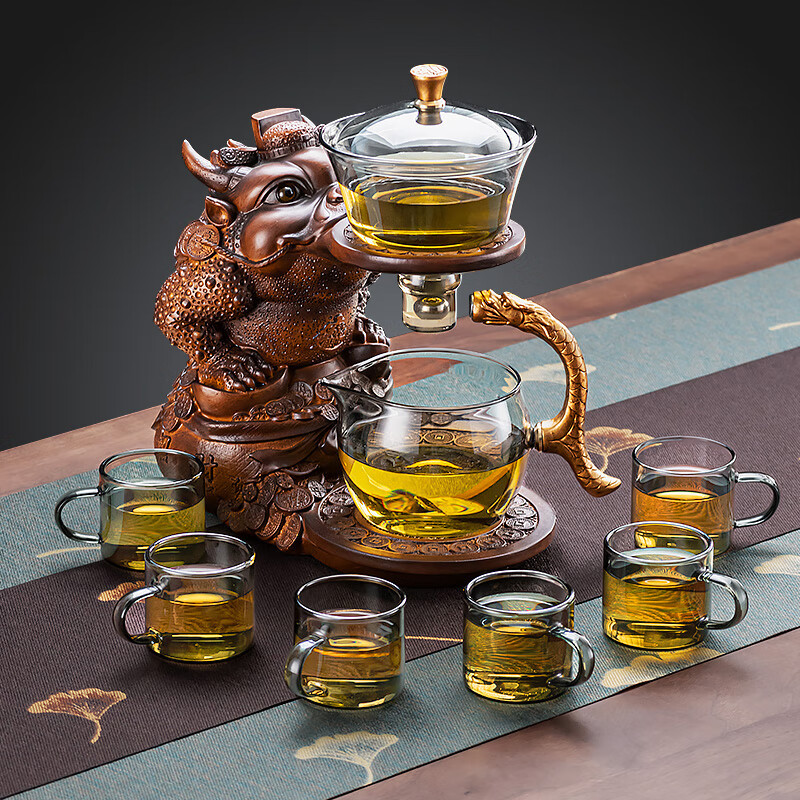 心茧创意磁吸自动茶具套装高档懒人泡茶壶家用防烫办公整套金蟾桌摆件 烟灰/自动进宝金蟾主机+六把杯