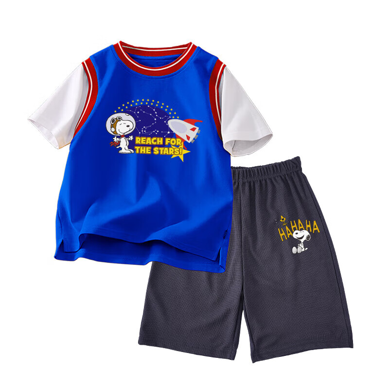 史努比童装男女童短袖套装儿童短T恤短裤2件套 篮T火箭+深灰k大笑 110