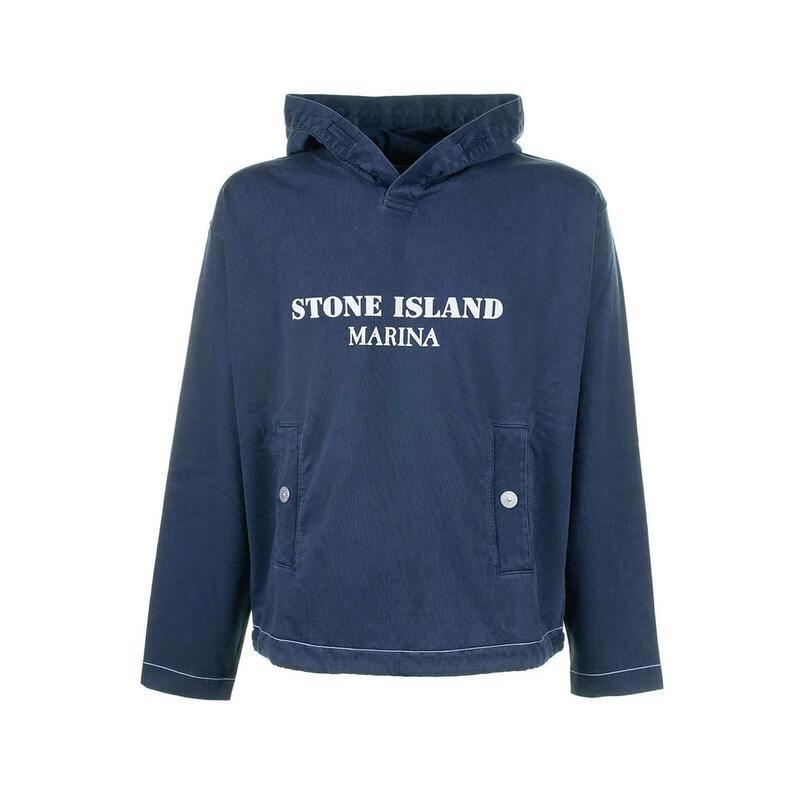 STONE ISLAND男士抽繩前貼袋撞色印花長(cháng)袖針織衫休閑服飾 藍色 均碼 |L
