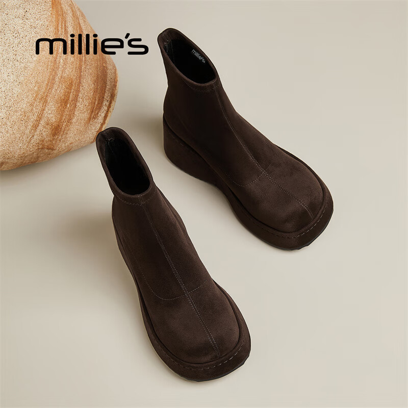 妙丽短靴女厚底轻便圆头休闲潮流短筒弹力2025冬季新款百搭气质时装靴 红咖色 36 (230mm) 标准码