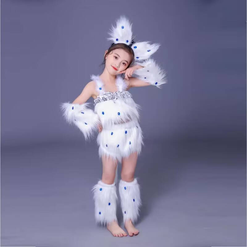 兰伶坊新品波斯猫表演服幼儿小猫咪舞蹈服装学猫叫跳舞衣儿童动物演出服 白色_七件套 80 cm