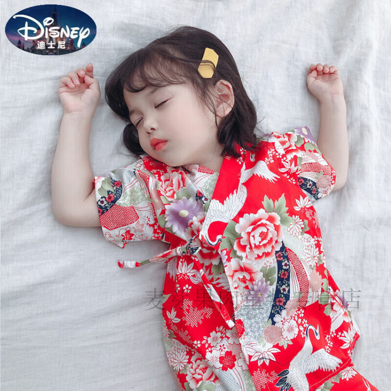 迪士尼兒童2025新款日式睡衣中小幼童仙鶴和服可愛寶寶家居服薄款套裝 紅色 80 cm
