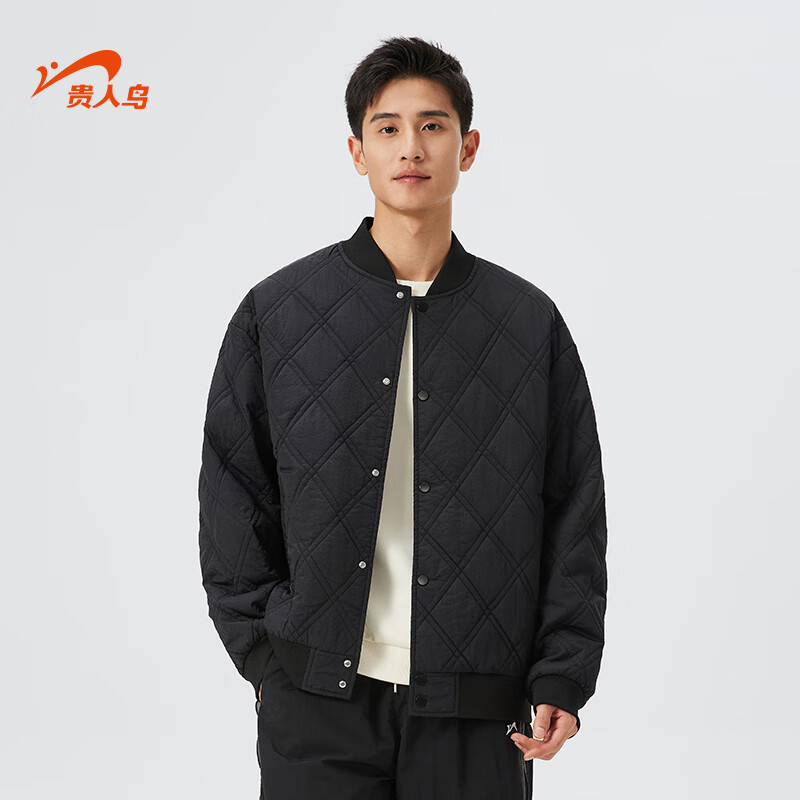 貴人鳥棒球棉服男秋冬新款絎線菱格舒適保暖寬松休閑加厚外套棉衣棉襖女 黑色 3XL