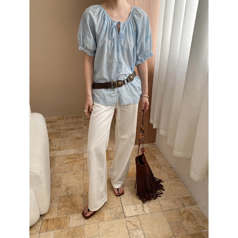 司南设计感两粒扣立裁垂感天丝高腰显瘦直筒阔腿牛仔裤 白色 S