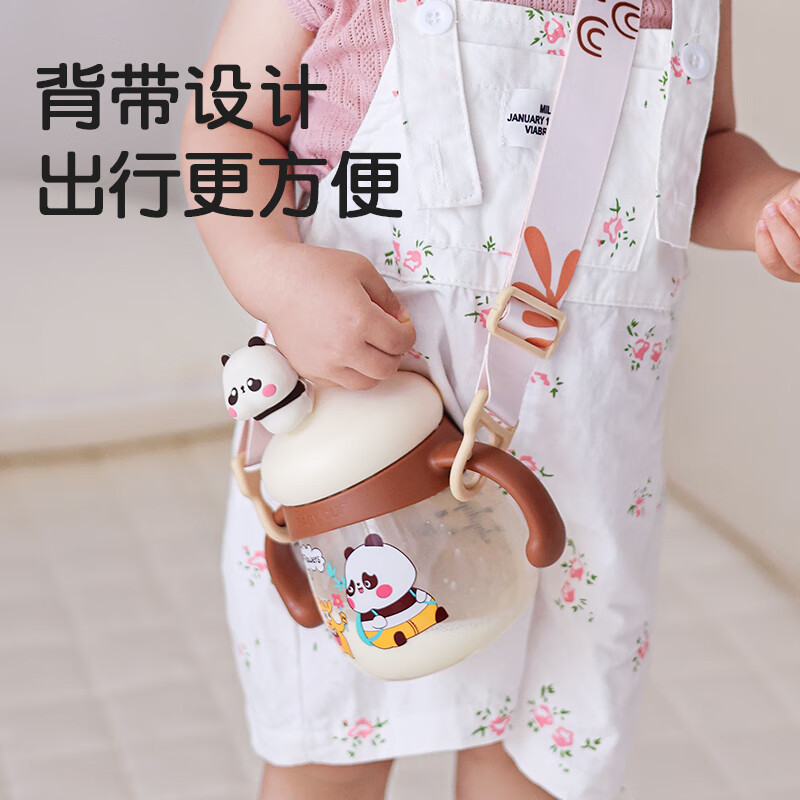 卡蜜迪母亲节幼儿园专用PPSU防摔吸管学饮杯儿童直饮杯牛奶杯水杯奶瓶 黄色熊猫牛奶杯+送一体管 350ml