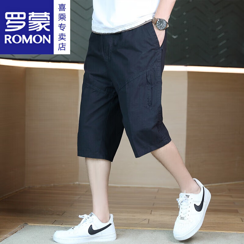 罗蒙(ROMON)纯棉过膝半截大裤衩六分休闲短裤男士潮流百搭直筒七分裤夏季薄款 黑蓝色 XL