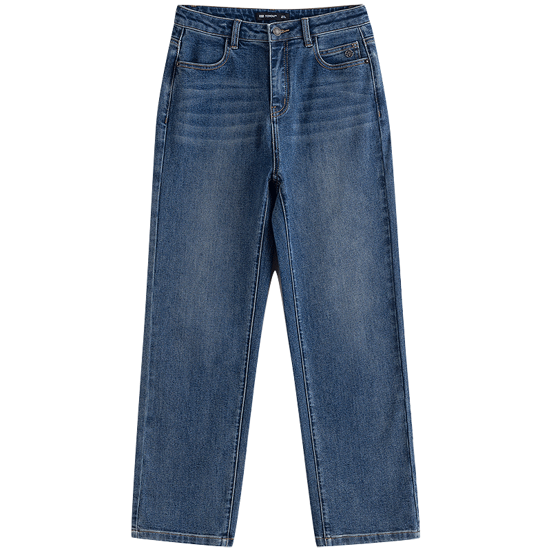 初語牛仔褲女2025秋季新款高腰直筒褲彈力法棍褲小個子休閑長褲 中藍色 30