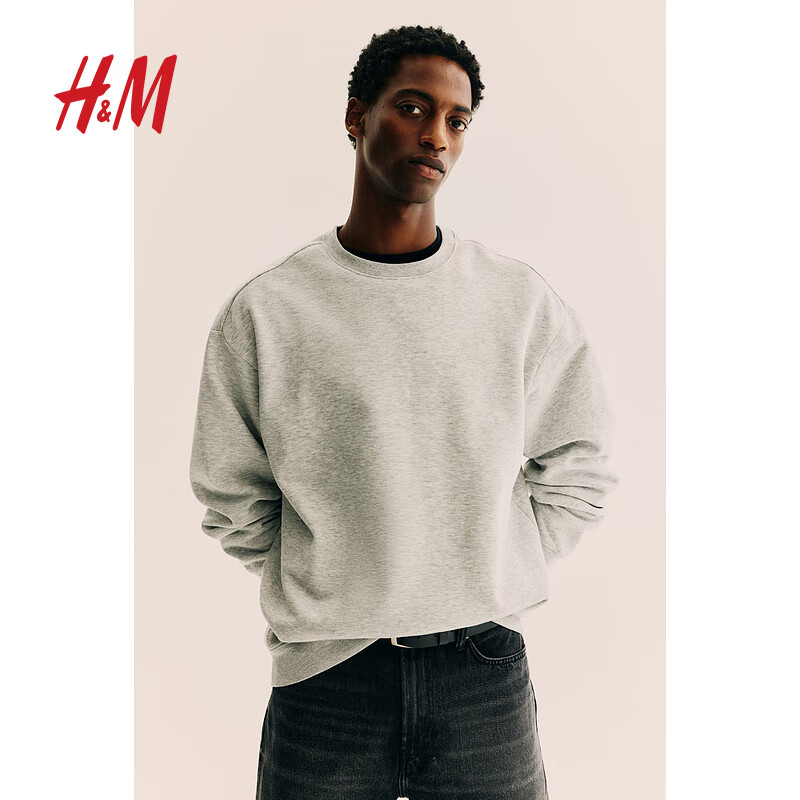 H&amp;M男装女装卫衣春季落肩宽松加绒美式落肩袖情侣套头衫0970818 混浅灰色 002 L 175/108