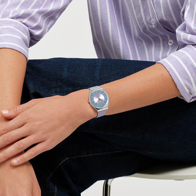 斯沃琪（Swatch）瑞士手表Skin Irony42系列轻音超薄考试手表生日礼物男女石英表 粉紫歌谣 SYXS157