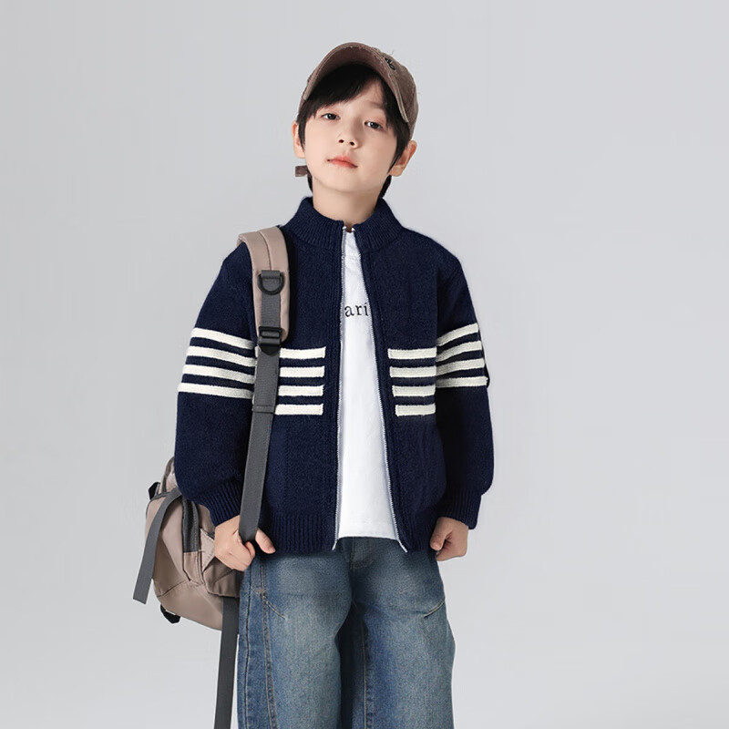 悠悠童话秋冬男童针织开衫外套2025儿童拉链毛衣中大童洋气时尚打底衫 藏青色 140 68