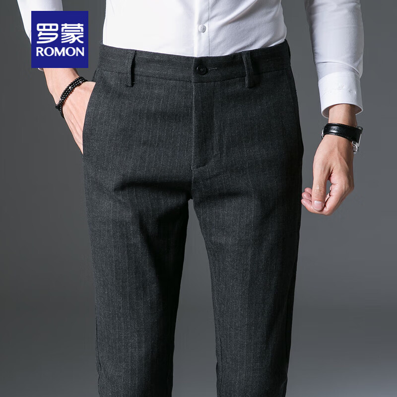 罗蒙（ROMON）高端秋冬毛呢裤子男秋季条纹男士休闲裤修身商务直筒西裤磨毛抓绒 黑色  毛呢 厚款 29 适合体重100-110斤左右/2尺2