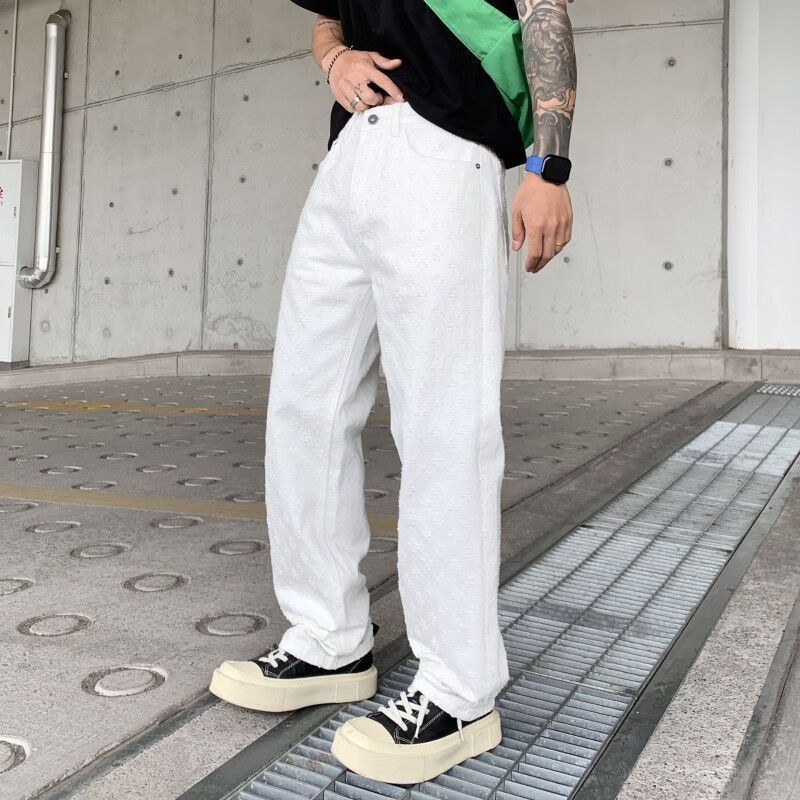 高端满印提花牛仔裤男款美式高街潮牌感复古宽松直筒休闲裤子男装 怀旧蓝0062 5XL