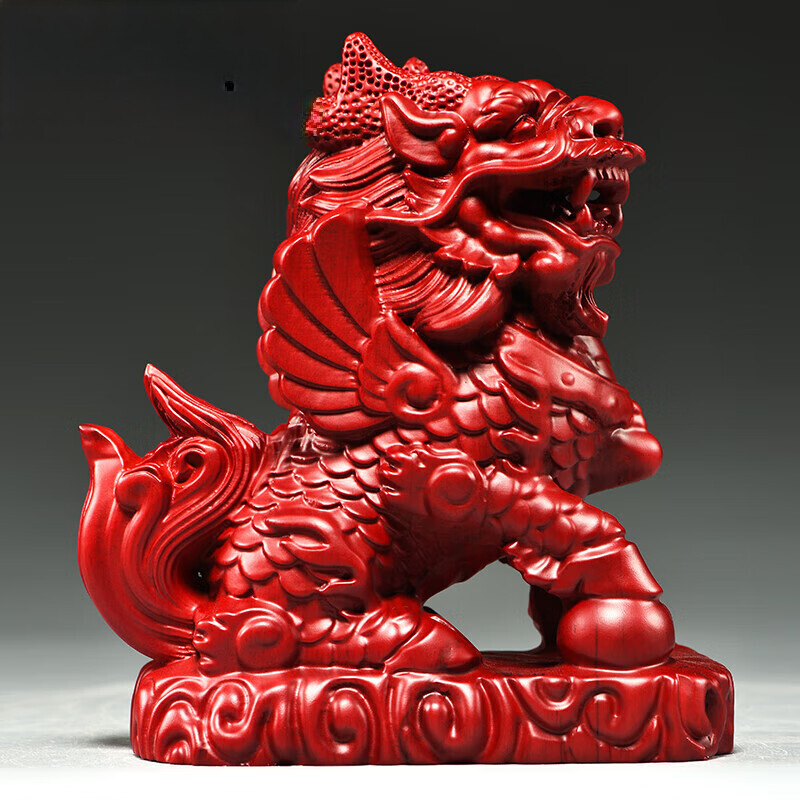 刻木传奇红色木质雕刻麒麟摆件实木一对火麒麟客厅电视柜玄关装饰开业
