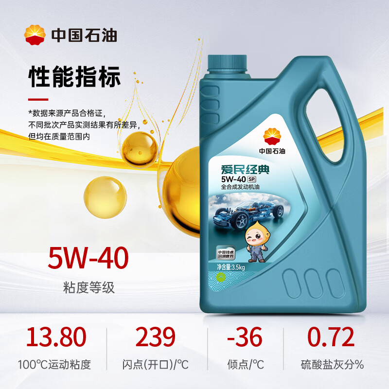 昆仑(KunLun)中国石油爱民经典 昆仑润滑全合成汽机油 5W-40 SP 4L 京东养车