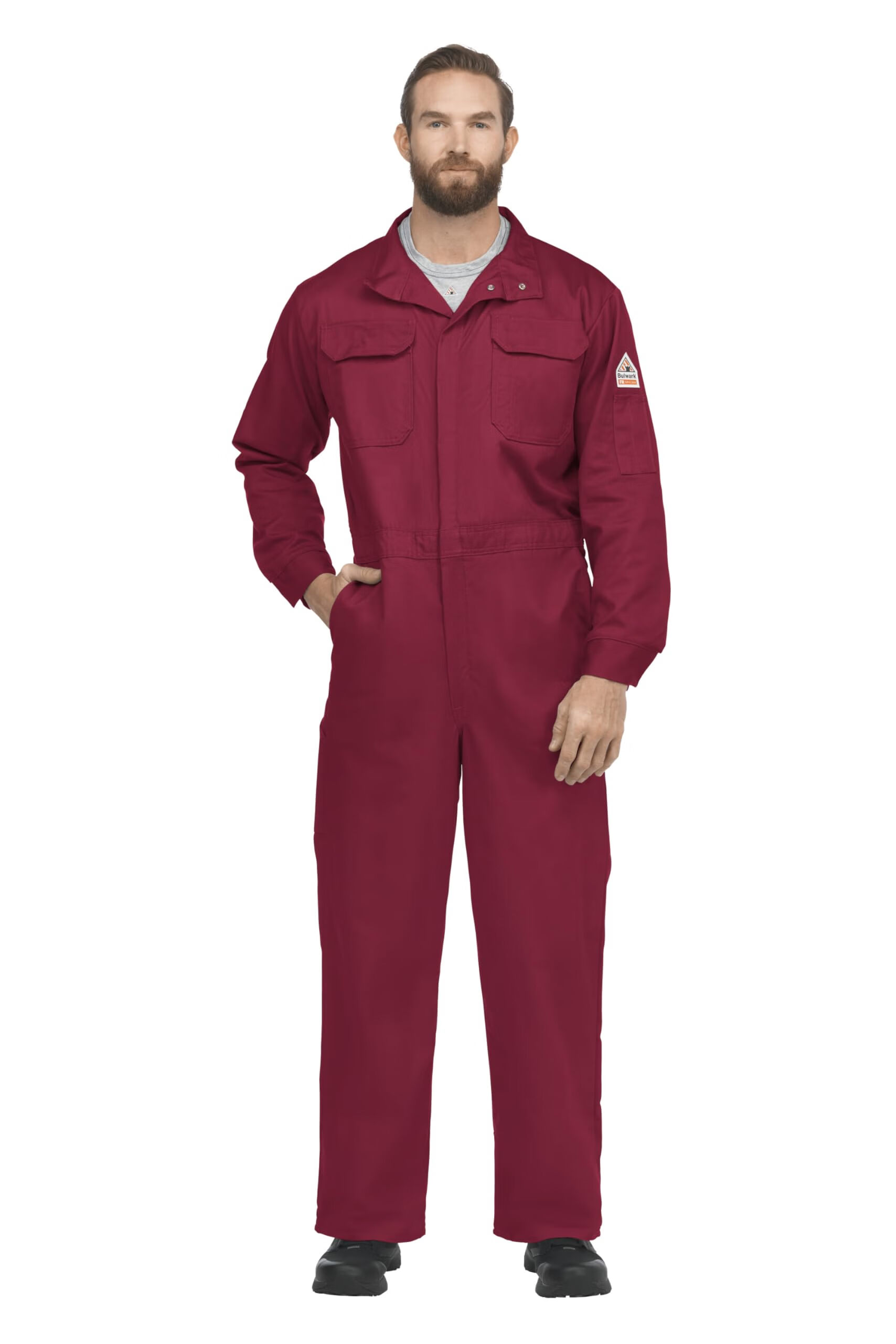 Bulwark FRRed Kap 男式阻燃 9 盎司斜纹棉高级隐藏式按扣连体服, 红色 红色 46 英寸高