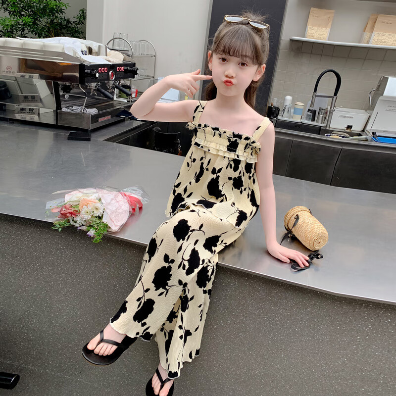 迷你巴拉巴拉（MINI BALABALA）女童夏裝套裝2025新款甜酷女孩雪紡吊帶衫夏季時髦洋氣兒童兩件套 奶糯白 110 cm